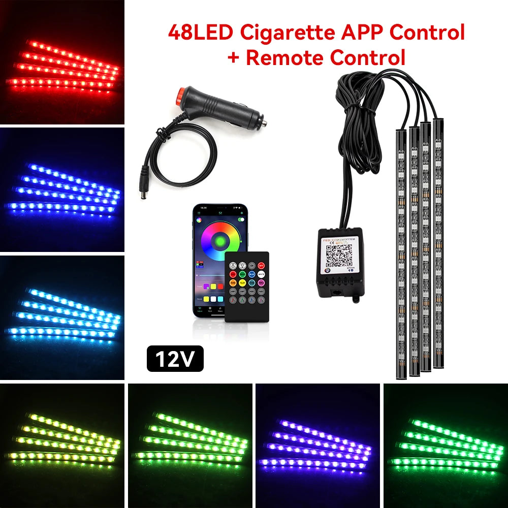 72/48/36 LED RGB Car Foot Ambient Light with USB Cigarette Automotive Interior Lights Strip Decoration Bar Remote/Voice Control
