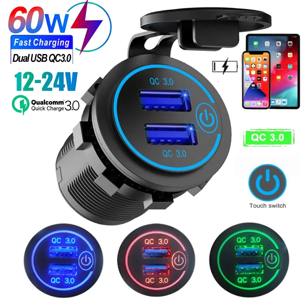 Dual QC 3.0 Dual USB Fast Car Charger Socket 12V/24V Waterpr