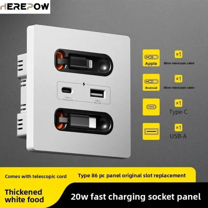 20W USB Type-C Fast Charging Socket USB C Port Multifunctional Universal Smart Wall Adapter With Dual Expandable Charging Cables