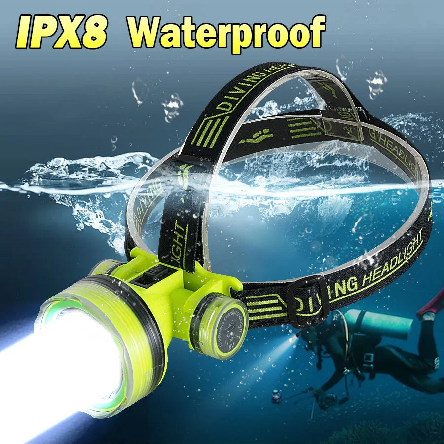 New Rechargeable LED Diving Headlamp Strong Light 50M Profes