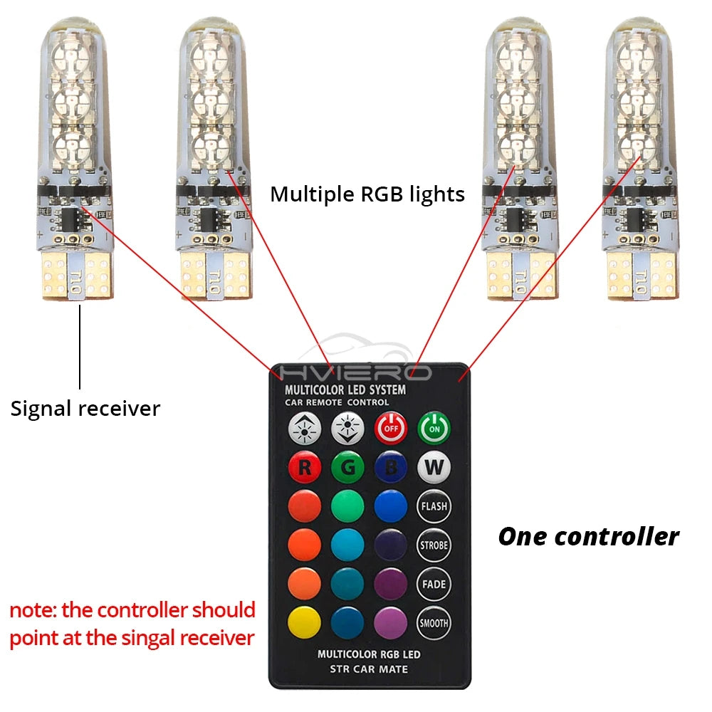 2/4pcs T10 W5w RGB LED Remote Controller RGBW 391 6SMD Clear