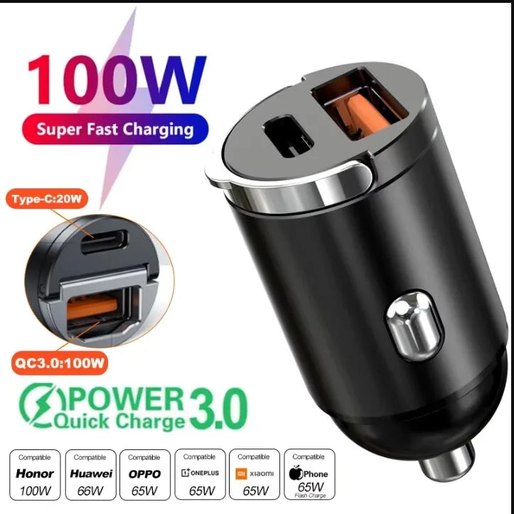 Car 66/100/200W Dual Port Mini USB Charger Ultra Fast Charging Cigarette Lighter Socket Phone Charging Adapter
