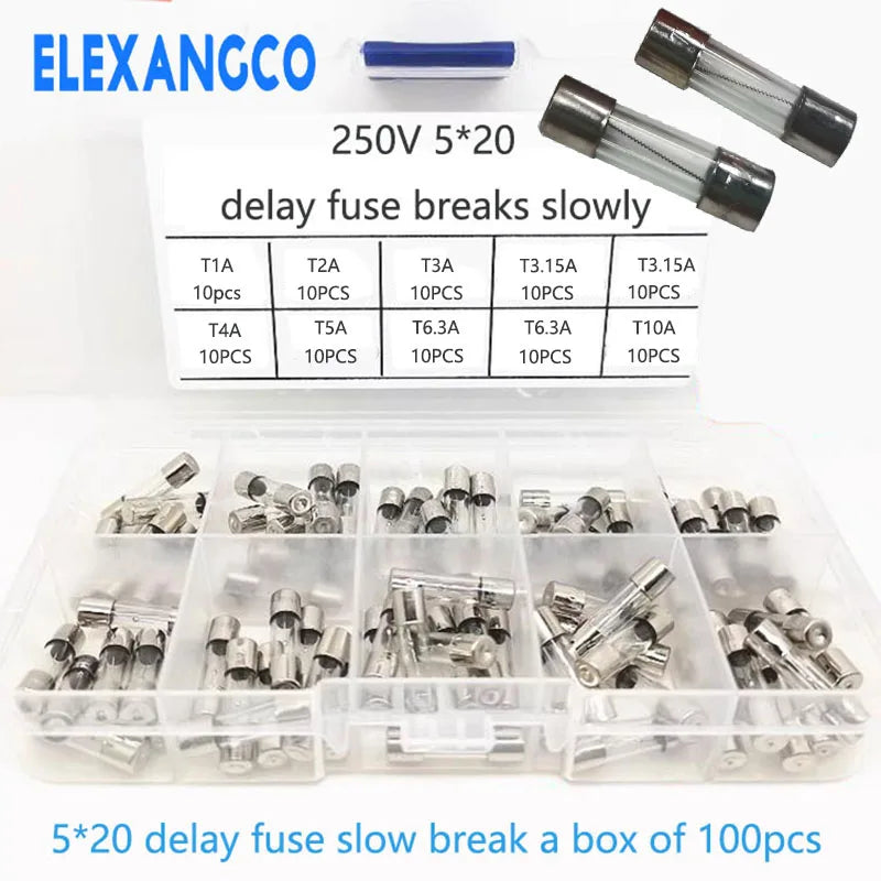 100PCS Slow Break 5 20mm Delay Fuse Tube 250V T1A T2A T3.15A