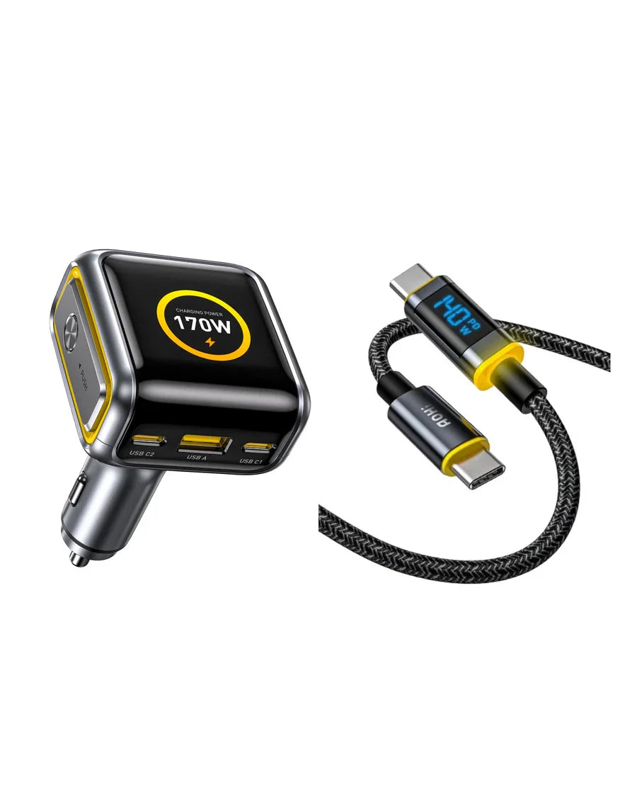 AOHI THE FUTURE Car Charger AI PD GAN+ 170W 3-Port LED Display Fast Car Charger