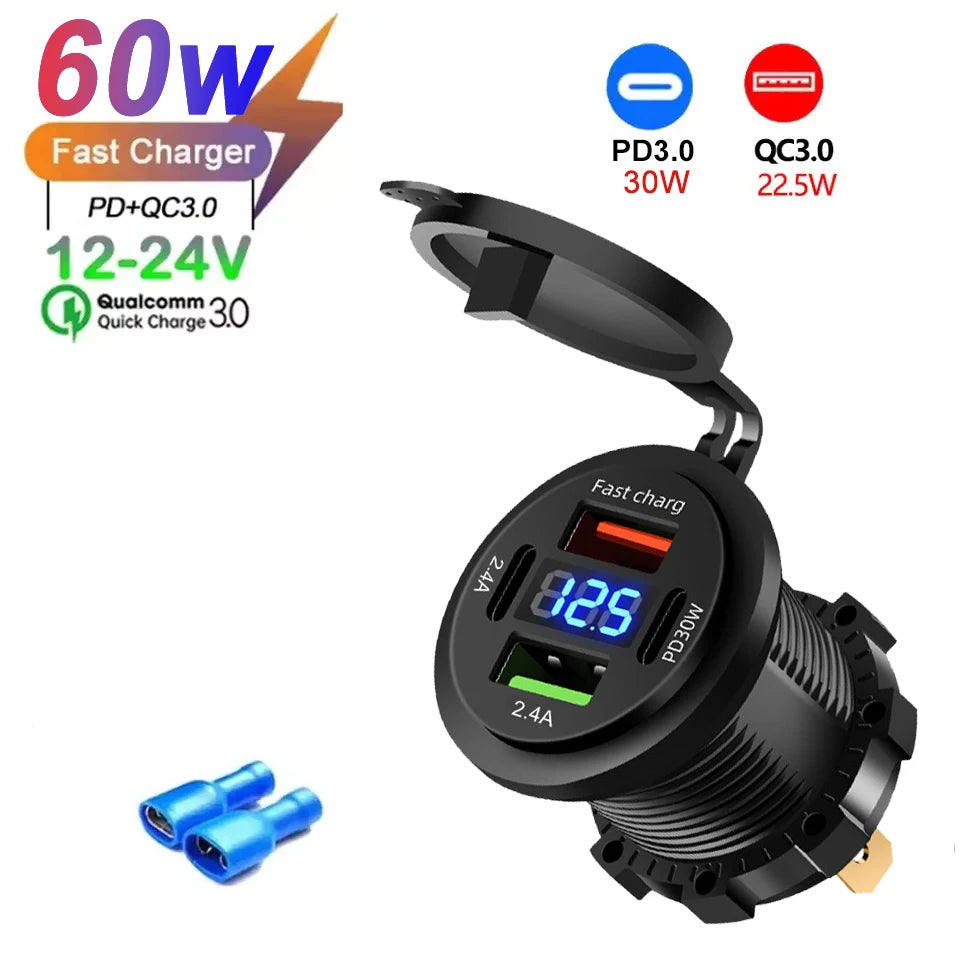 New Car USB Charger PD3.0 & QC3.0 Fast Charging Socket with Voltmeter On/Off Switch 12/24V For Motorcycle Boat Auto Accessories