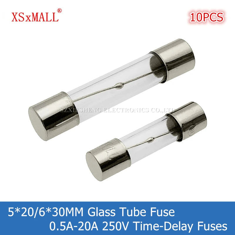 10PCS 5 20/6 30MM Slow-Blow Glass Tube Fuse T0.5A 1A 1.25A 1