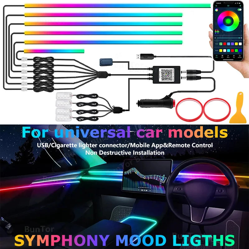 Car Ambient Light/64 Colors Acrylic LED Lamp Strips/RGB Car 