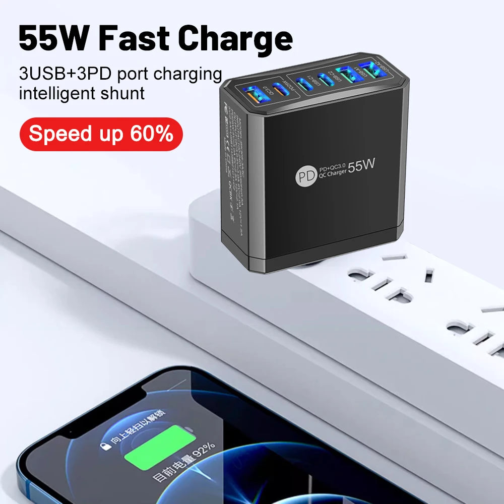 55W 3 USB 3 PD Charger Fast Charging QC3.0 Travel Charger Fo