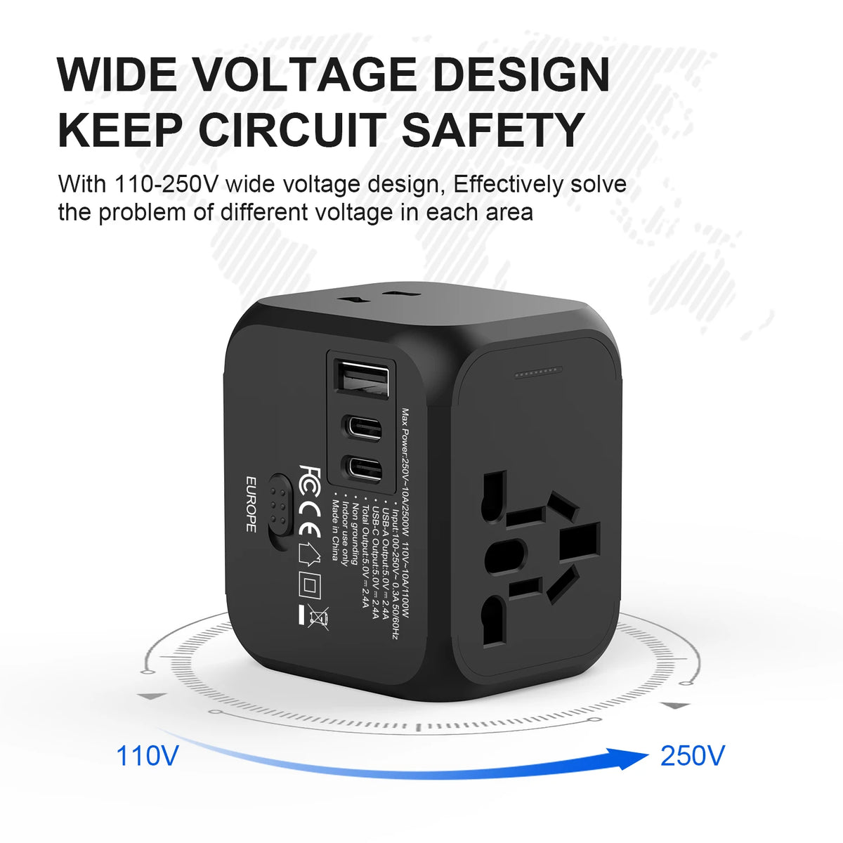 2500W GaN Universal Travel Adapter with 1 USB Ports 2 Type-C