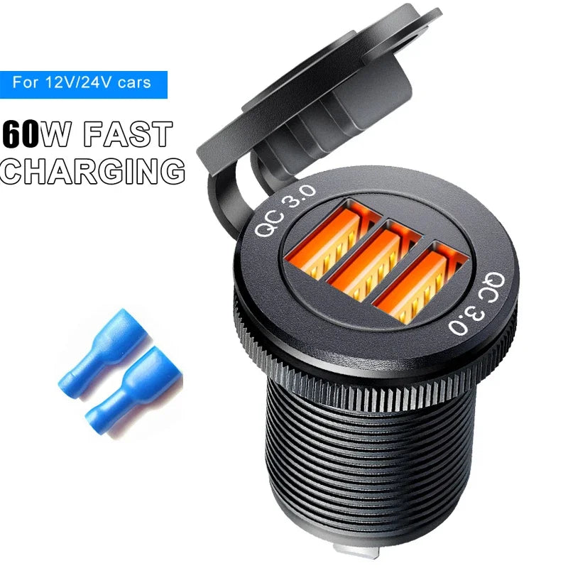 Super Charger Type C Fast Charging socket 12V/24V 60W Dual USB Motorcycle Socket Power Outlet Charge