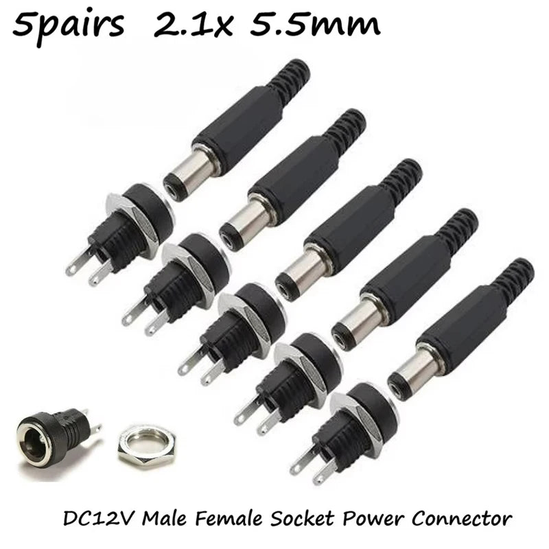 5 Pair DC 12V Male Female Socket Panel Mount Barrels Jack Pl