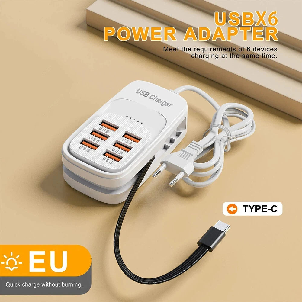 6 in 1 Multi Port USB Charging Station 3PD 3USB Desktop Power Strip Fast Charging Adapter EU UK US Plug Travel Charging Socket