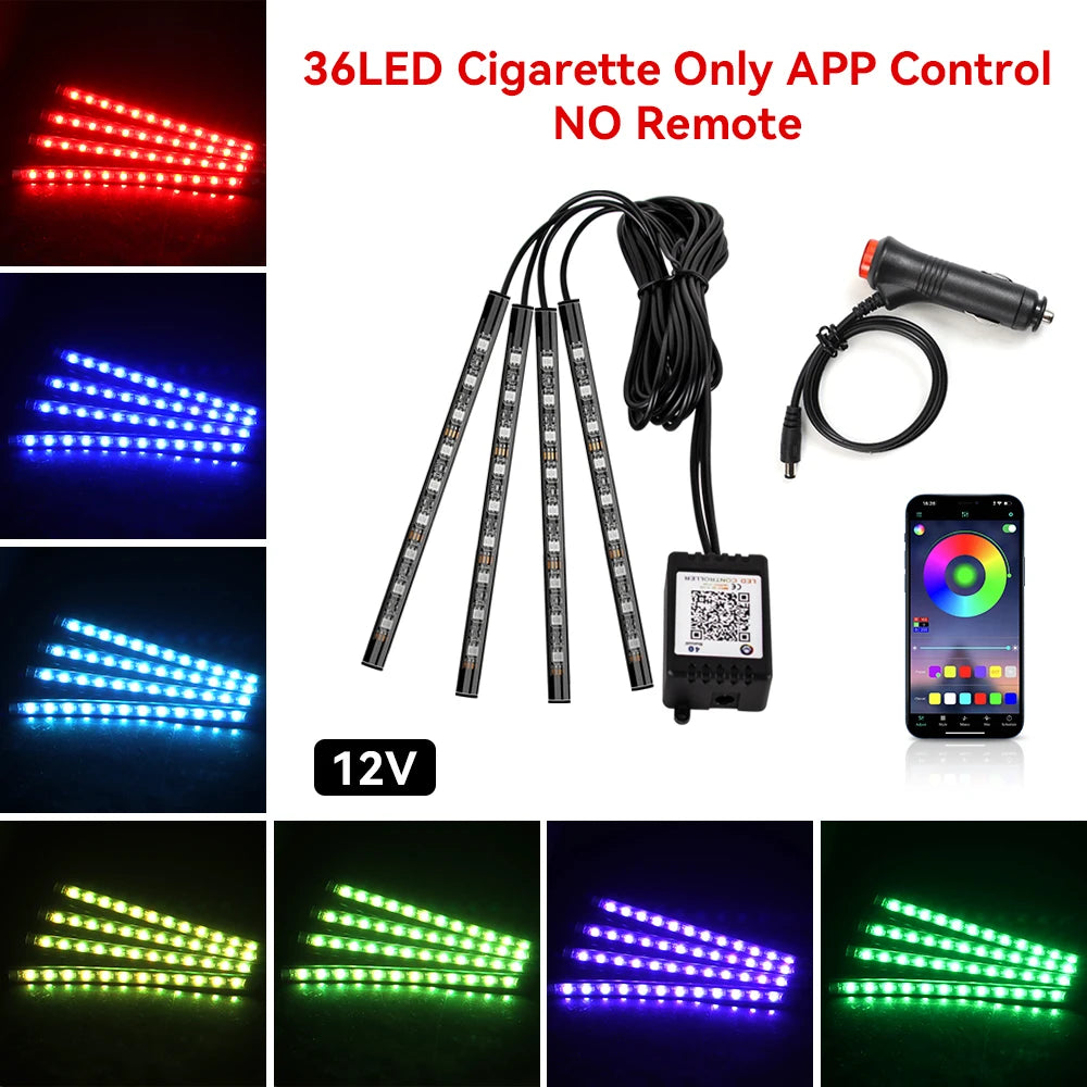 72/48/36 LED RGB Car Foot Ambient Light with USB Cigarette Automotive Interior Lights Strip Decoration Bar Remote/Voice Control