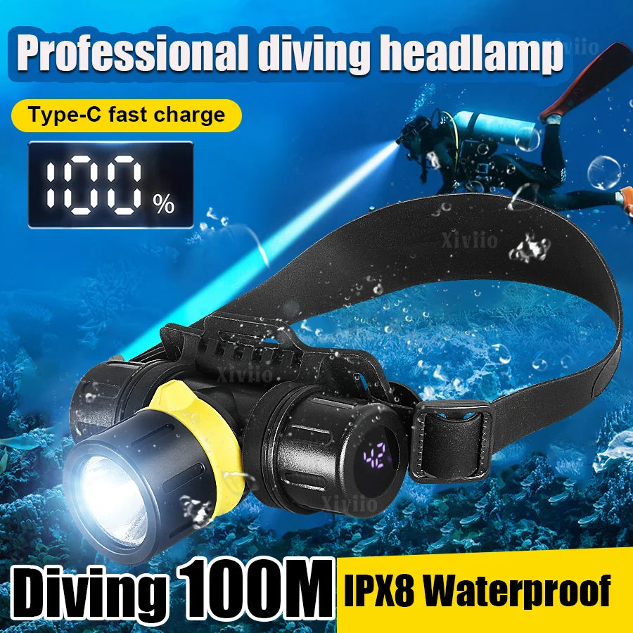Professional LED Scuba Diving Headlamp XHP70 IPX8 Rate Water