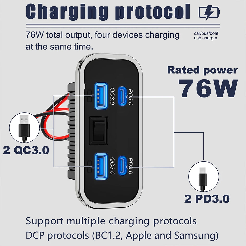 12/24V QC3.0 PD Car Charger Socket Quick Charge Dual USB Dua