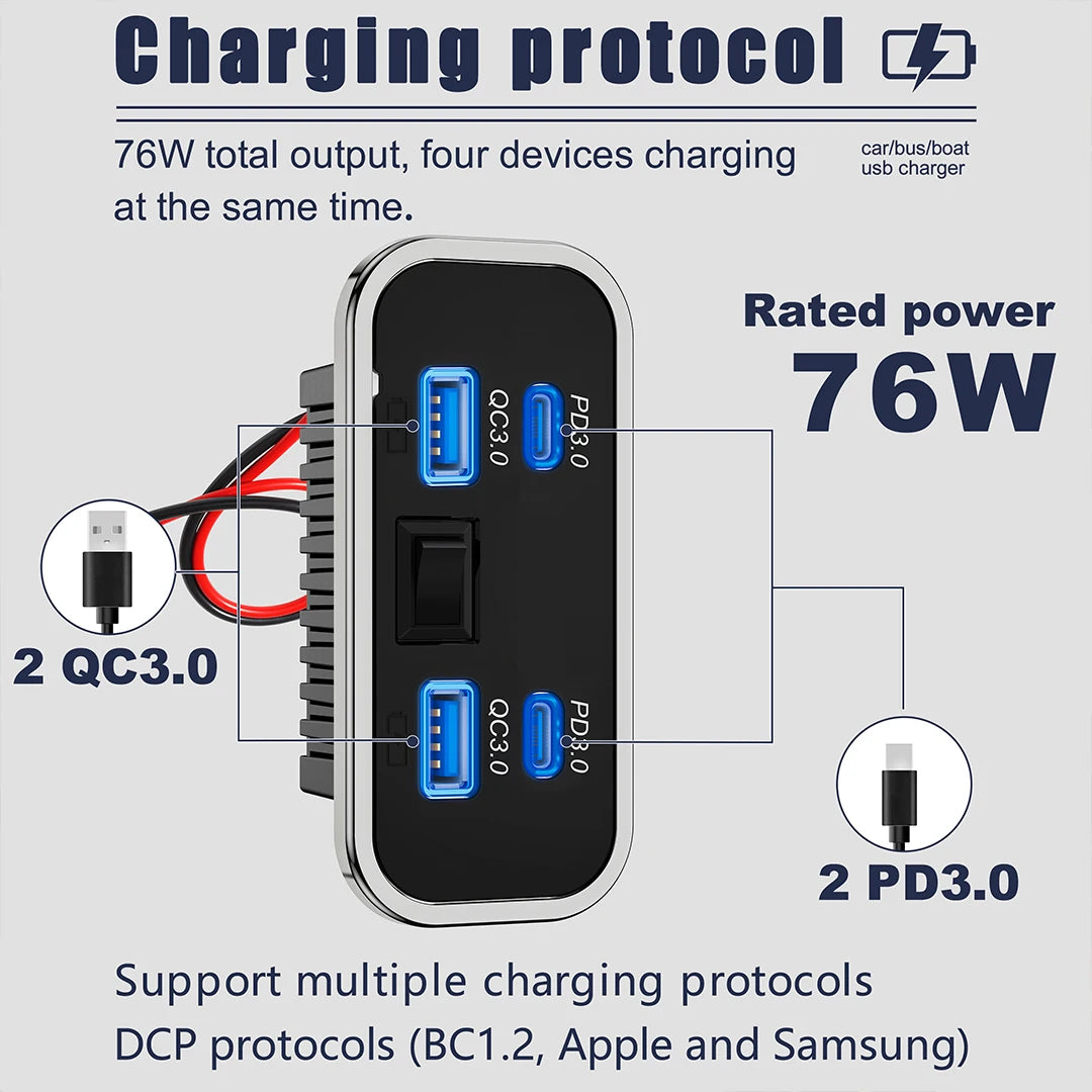 12/24V QC3.0 PD Car Charger Socket Quick Charge Dual USB Dua