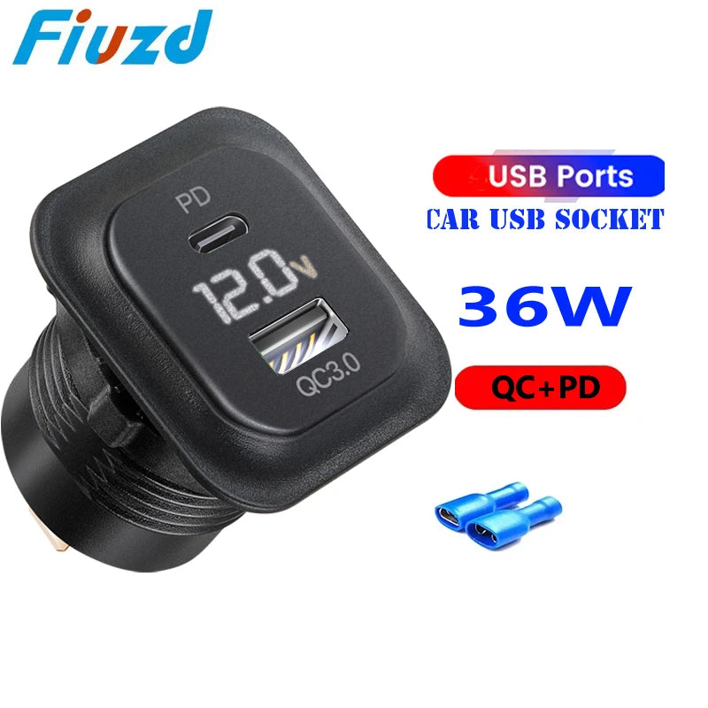 12v car usb charger fast charge Outlet Socket With Voltmeter Quick Charge Adapter for 12v 24v Truck Motorcycle RV Marine
