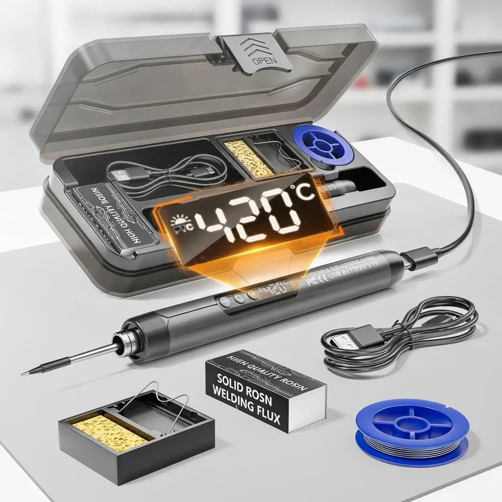 USB Rechargeable Mini Soldering Iron Adjustable Temperature 60W Fast Heating Portable Cordless Electric Soldering Tool for DIY Electronics Repair Projects LED Display Temperature Control Solder Wire A