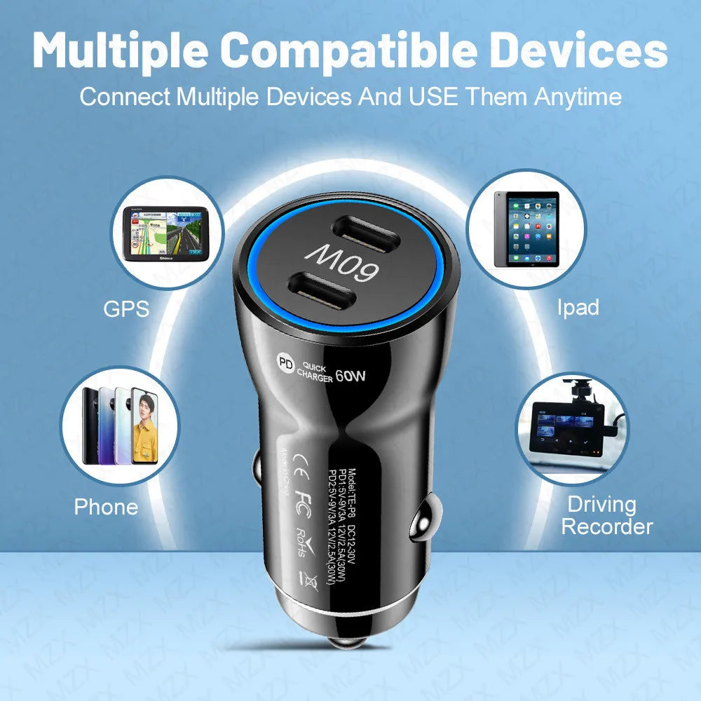 MZX 60W Smart Car Charger PD Type C Quick Dual USB A Fast Ch