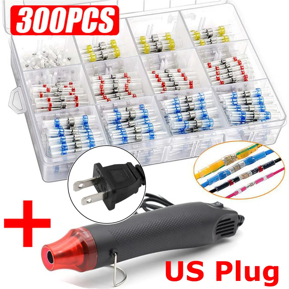 100/800PCS Solder Seal Wire Connectors Heat Shrink Solder Butt Connectors Kit Automotive Marine Insulated with 300W Hot Air Gun