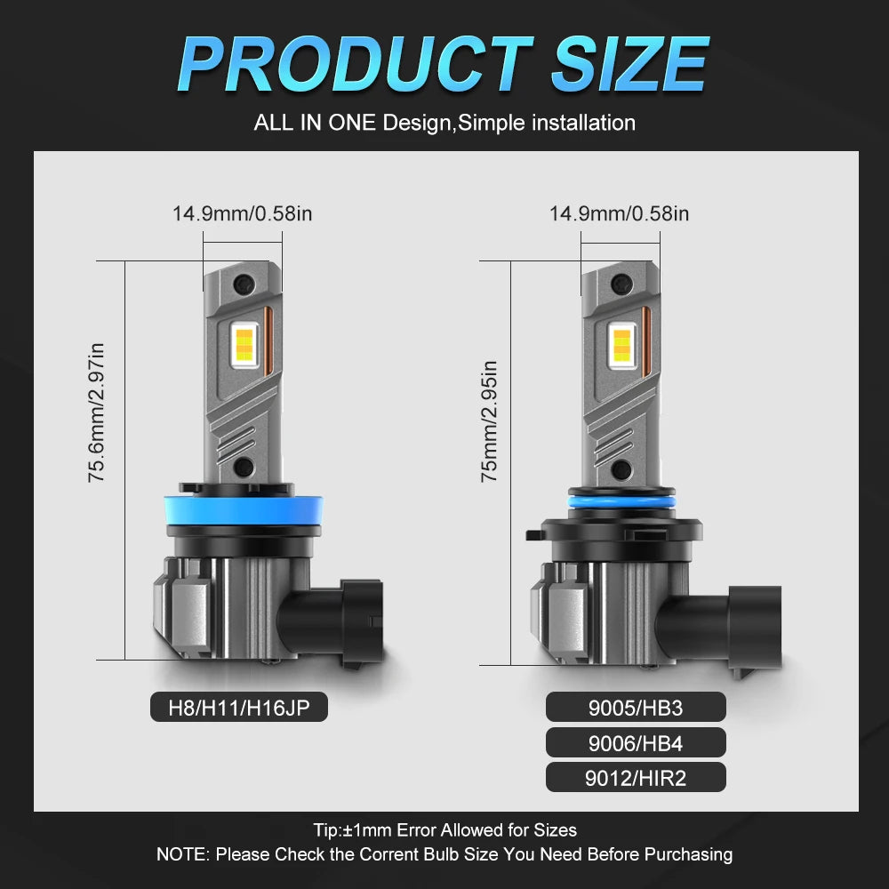 MAXGTRS 2x 18000LM H11 H8 H9 LED Headlight Bulbs Fanless 650