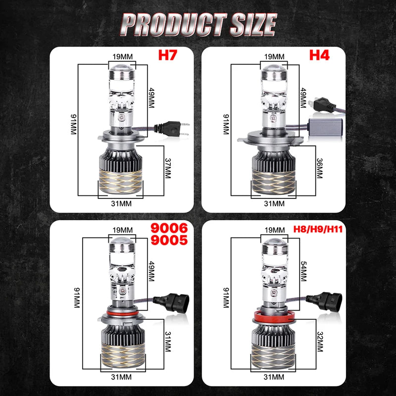 2Pcs H7 LED Headlight Bulbs With Projector Lens H4 H11 H8 H9