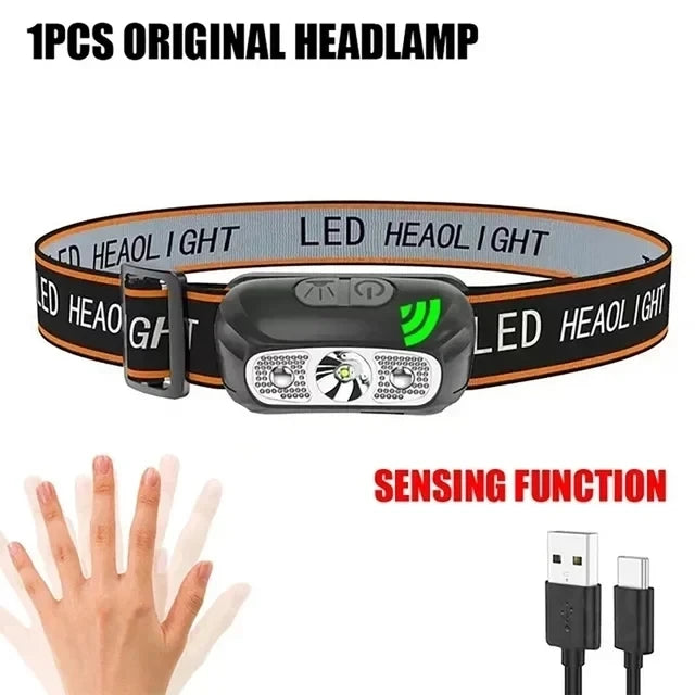 LED Sensor Headlamp Built-in 1200mAh Battery USB Rechargeable Head Flashlight Outdoor Waterproof Camping Fishing Headlight