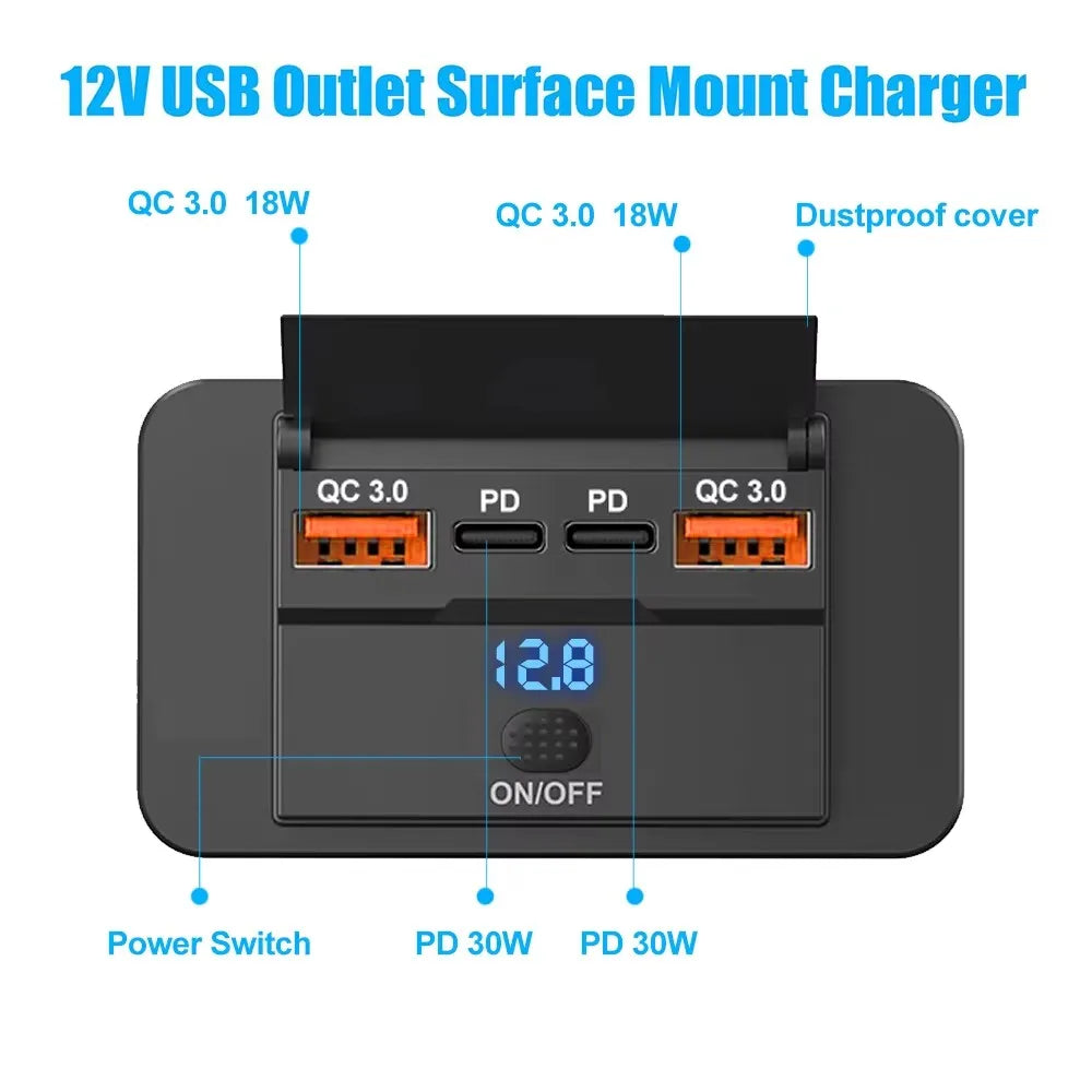 4 Ports Dual PD Dual QC 3.0 USB Car Charger with Switch 96W 