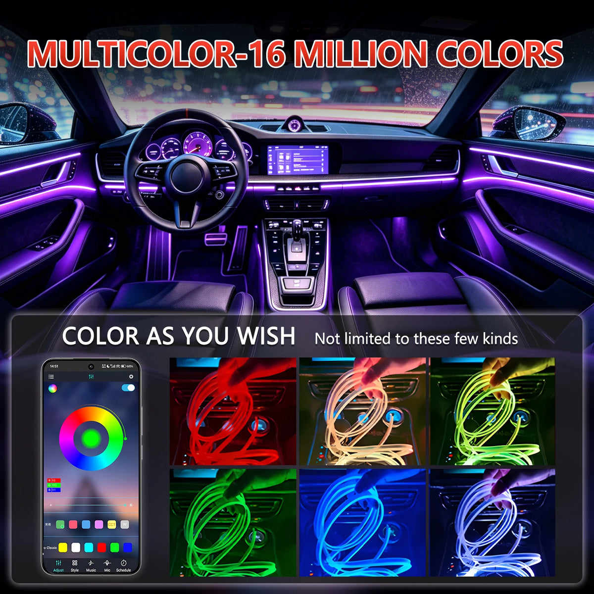 LED Car Interior Ambient Strip Lights RGB Fiber Optic Atmosp