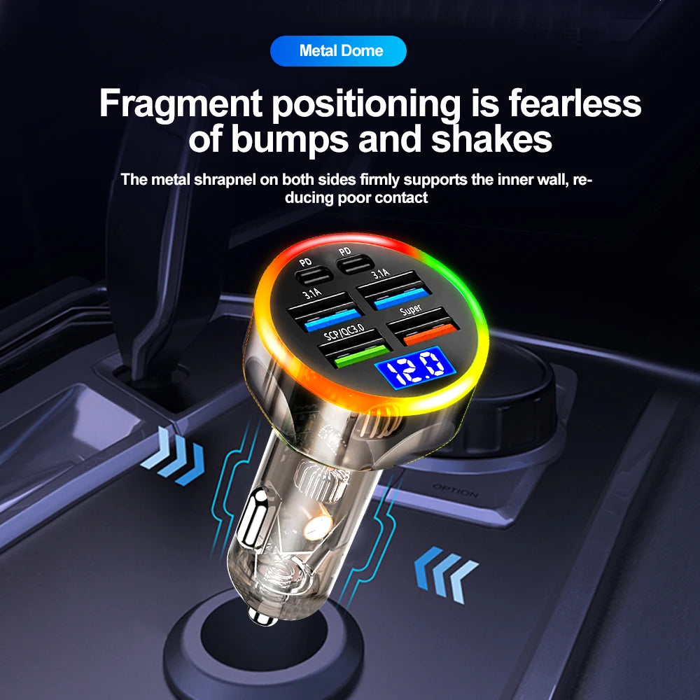 250W Fast Car Charger 6 Ports Quick Charge PD Type C USB A A