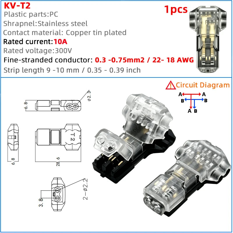 T-Type Quick Wire Connection LED Solder-Free Wire Connector Piercing Style Parallel Line Distributor No Wire Cutting Required