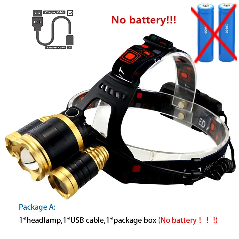 Powerful 3-head LED Headlamp White/UV Light Scorpion Head Lamp USB Rechargeable Strong Light Zoom Headlight Waterproof Outdoor
