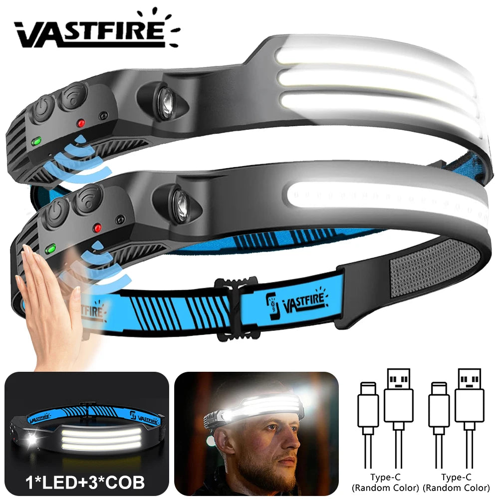 Induction Headlamp COB+LED Head Flashlight Built in Battery 