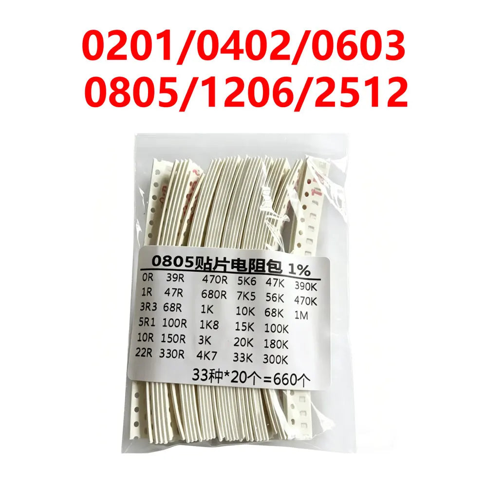 0201 0402 0603 0805 1206 1210 2512 Resistor Kit 33 ValuesX20