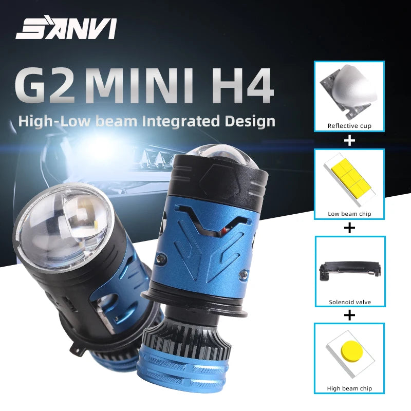 2025 SANVI 140W 6000K H4 Bi Mini LED Projector Lens Car Bulb