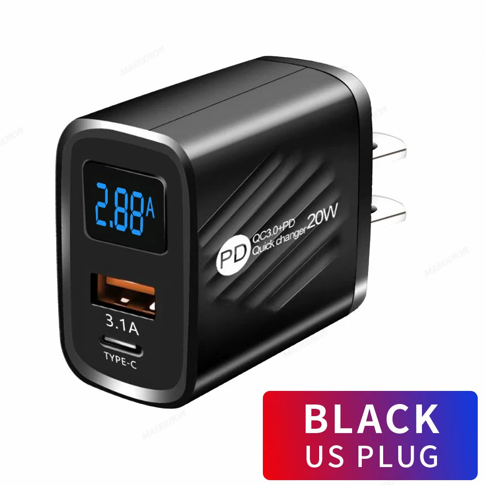 PD 20W USB Type C Charger Fast Charging Digital Display Phone Charge Adapter For iPhone Samsung Xiaomi Quick Charge Wall Charger
