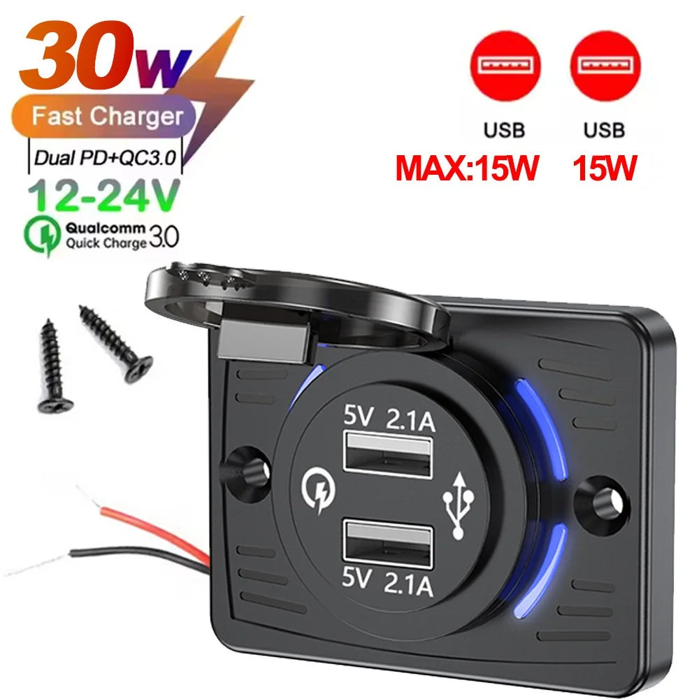 12V-24V PD+USB Car Charger Socket 45W Fast Charge Blue LED Indicator Waterproof Flip Cover Embedded Outlet for Car Motorcycle