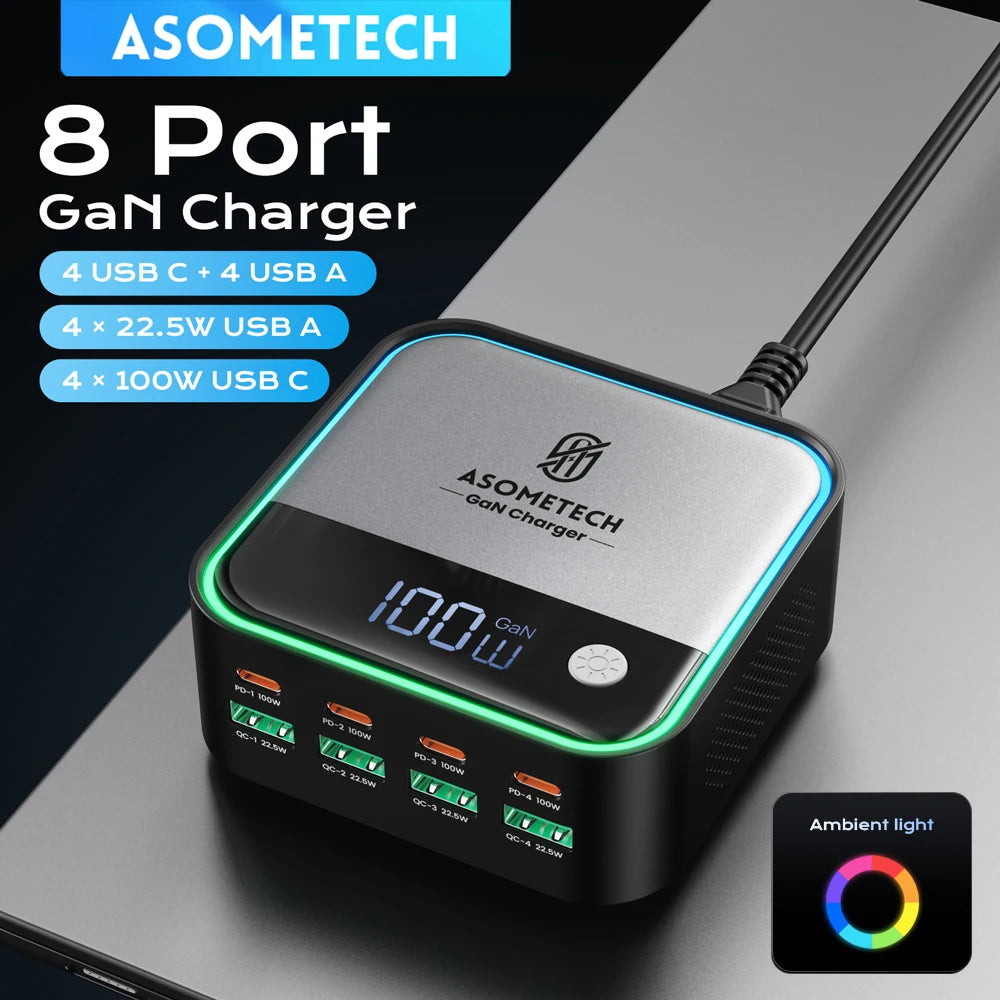 GaN USB C Charger 8 Port Mini Desktop Charger Ambient Lighti
