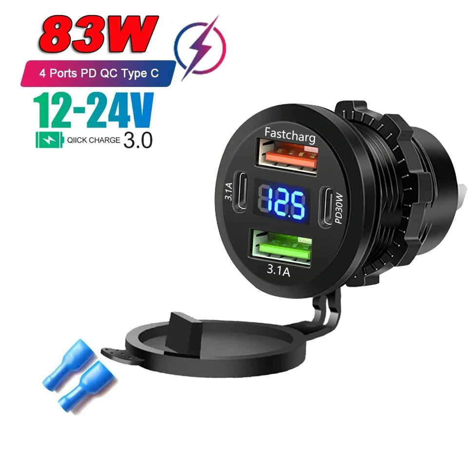 Car Charger PD+QC3.0 USB TYPE-C Charger Waterproof Power Socket Power Adapter Universal 12-24V for Motorcycle Truck ATV Boat