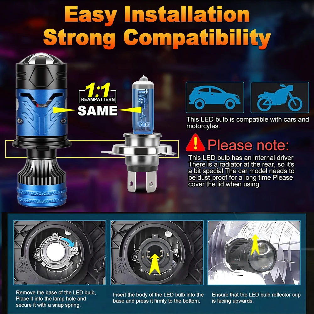 New Car H4 LED Len Headlight Bulb With Mini Lens 30000LM Sup