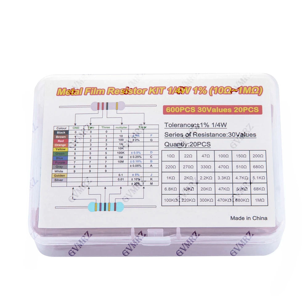600PCS 30Values 1/4W Metal Film Resistor Assortment Kit - 20