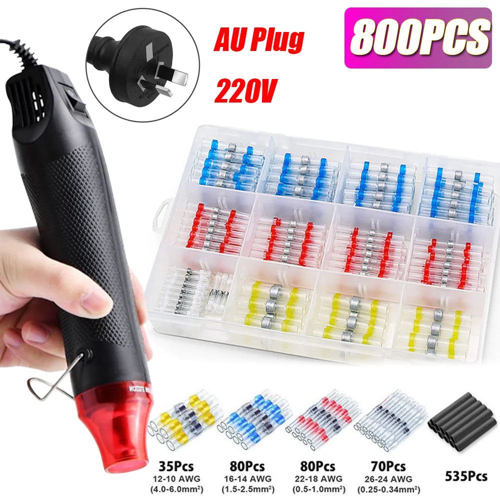 800/400/50PCS Heat Shrink Butt Waterproof Solder Seal Wire Cable Splice Terminal Kit Crimp Terminals Electrical with Hot Air Gun