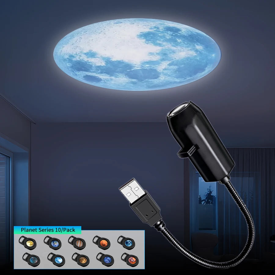USB Planet Projector Lamp Galaxy Star Night Light 360 Rotate LED Projection with 10 Film Discs for Bedroom Car Decor