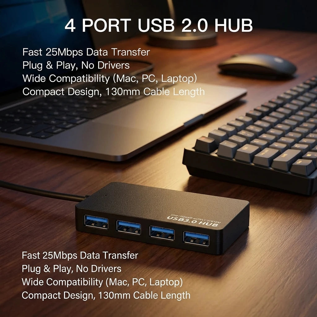 High-Speed USB 2.0 Hub 4-Port Data Cable Splitter Adapter Mu