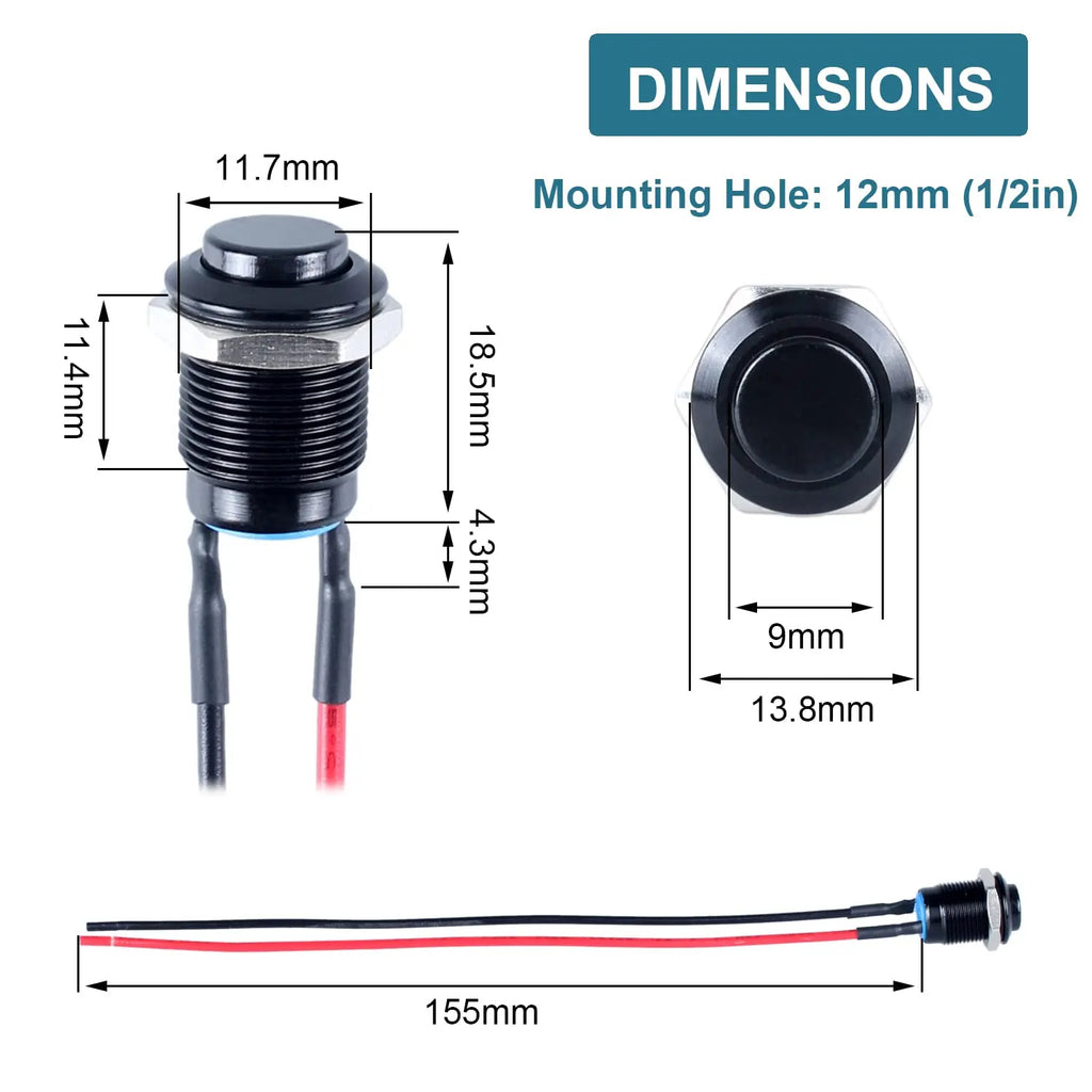 5pcs 12mm Momentary Push Button Switch High Round Head (ON)-