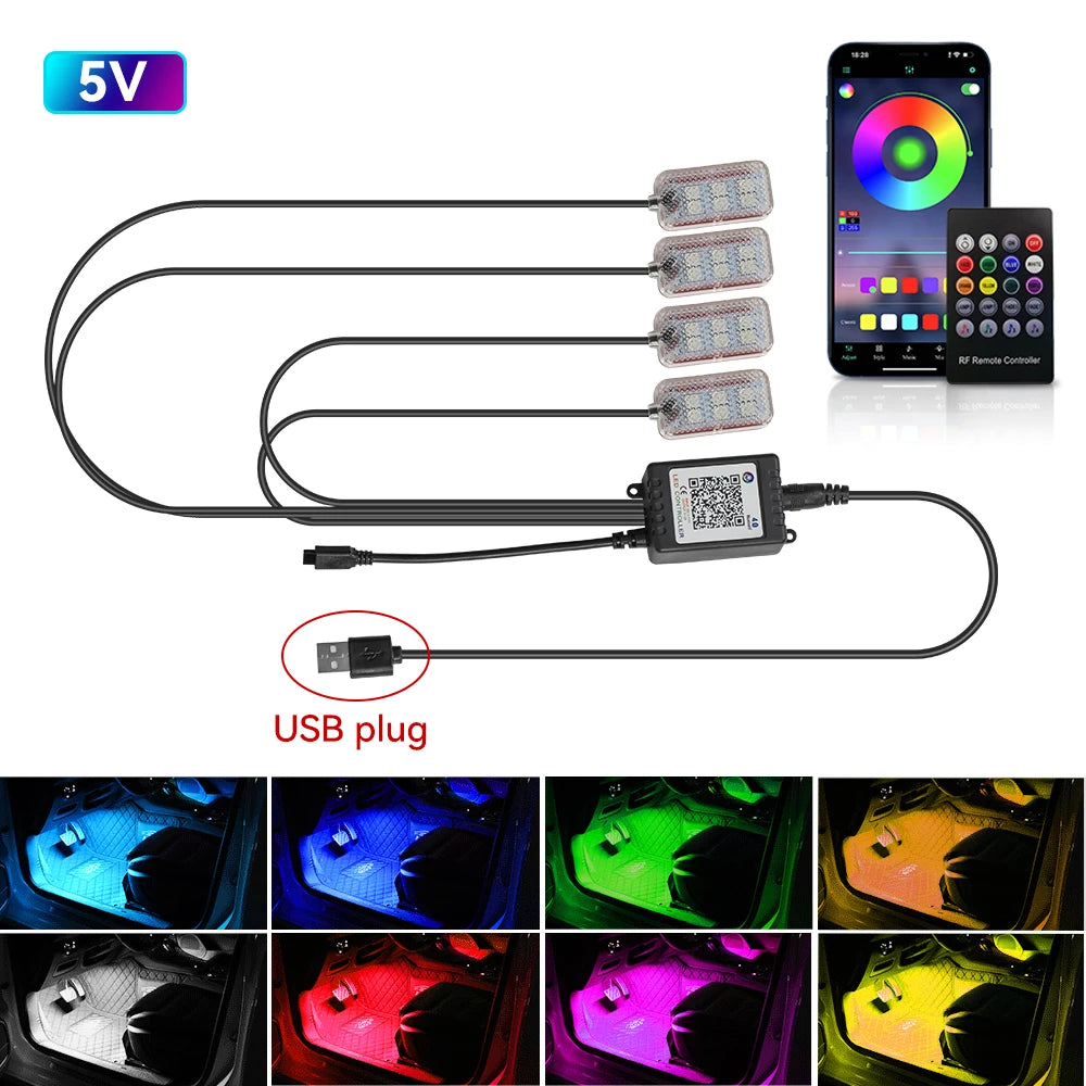 Car Interior Ambient Light RGB Foot Strip Lighting Kit Accessories Backlight Remote App Music Control Auto RGB Decorative Lamp