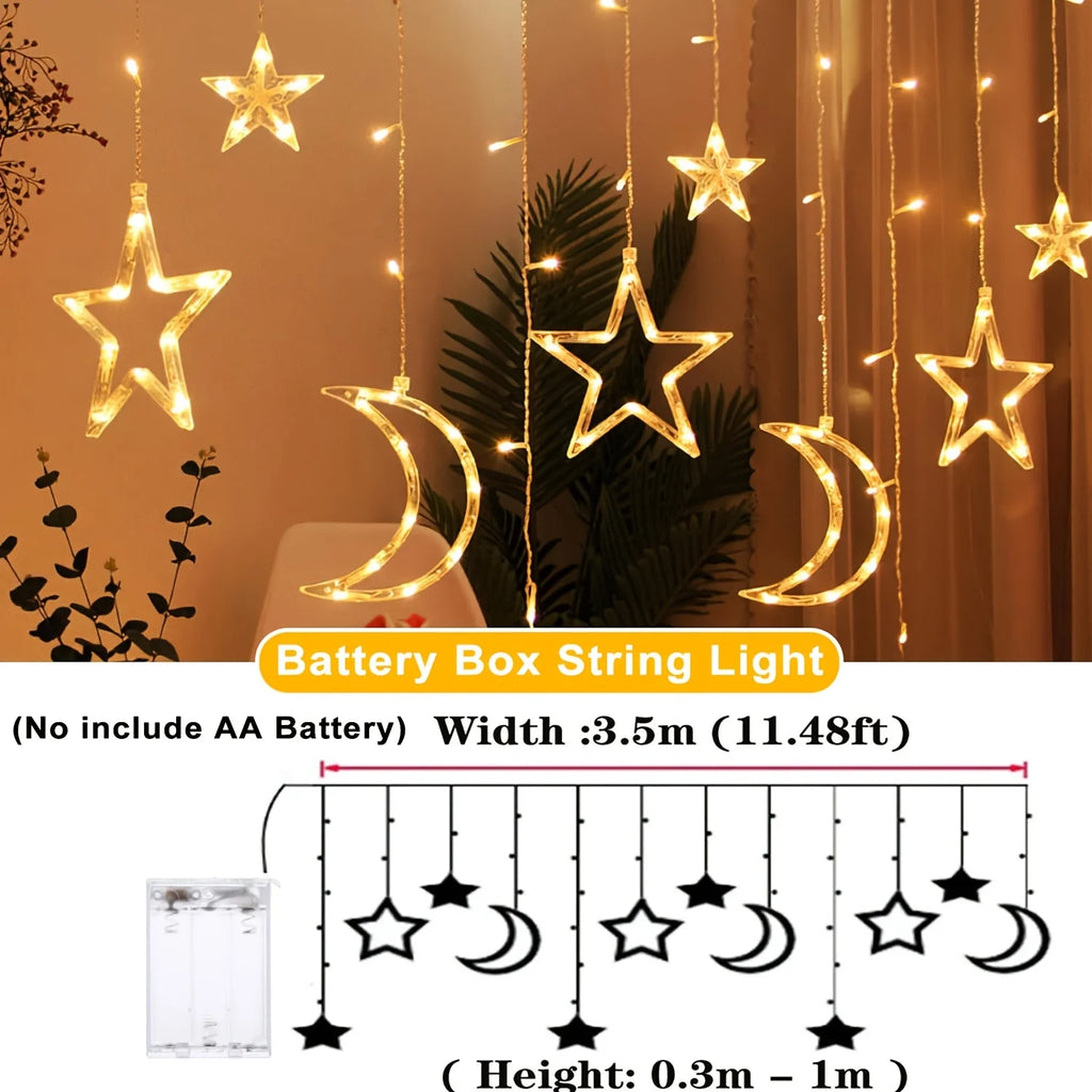 Star Moon String Light Battery Power Christmas Garland Fairy
