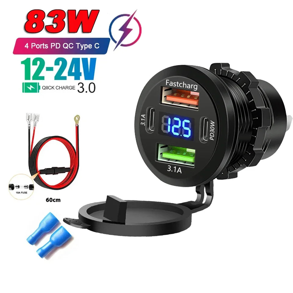 Car Charger PD+QC3.0 USB TYPE-C Charger Waterproof Power Socket Power Adapter Universal 12-24V for Motorcycle Truck ATV Boat