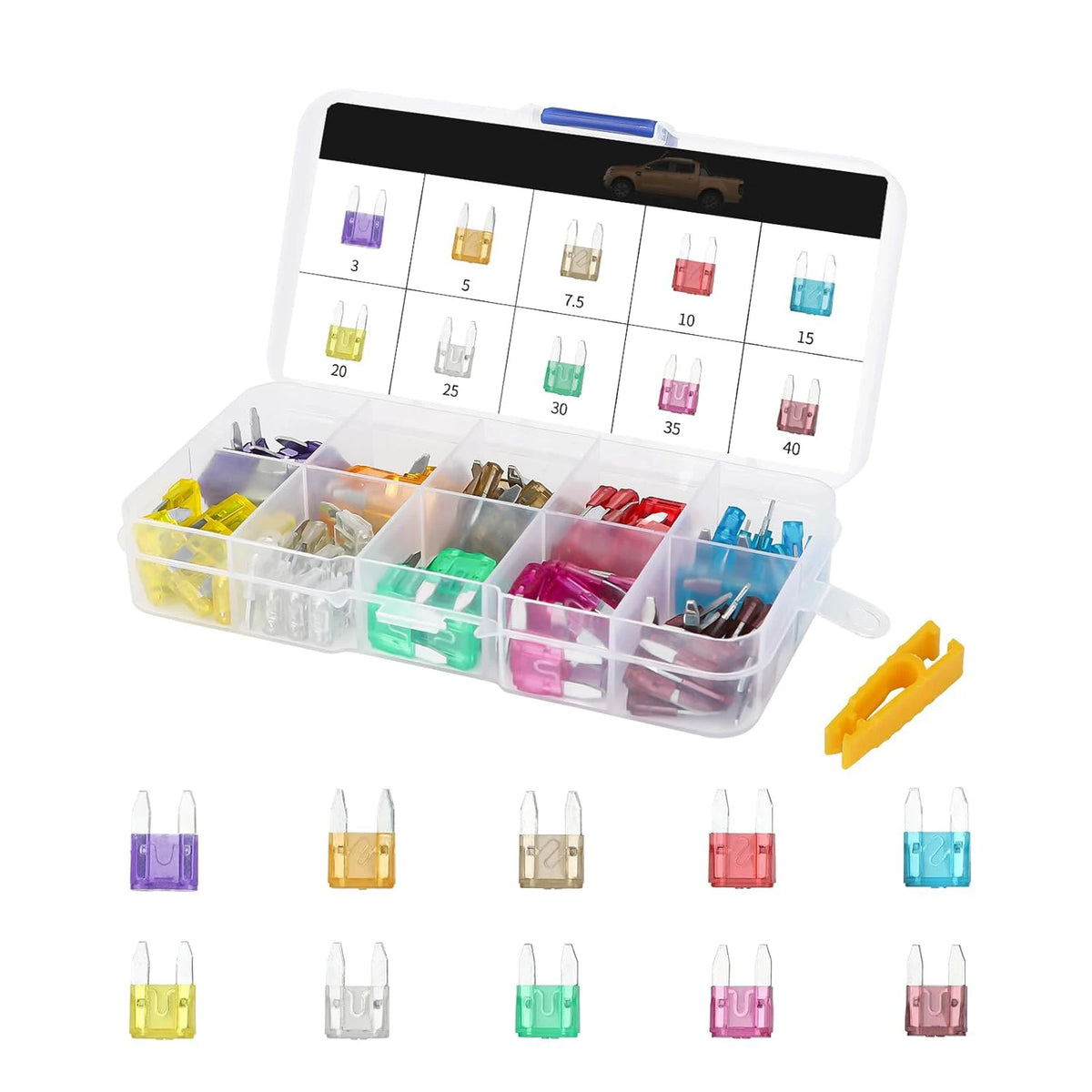 100 Pcs Mini fuses Kit Blade Fuse Assortment Kit with Puller