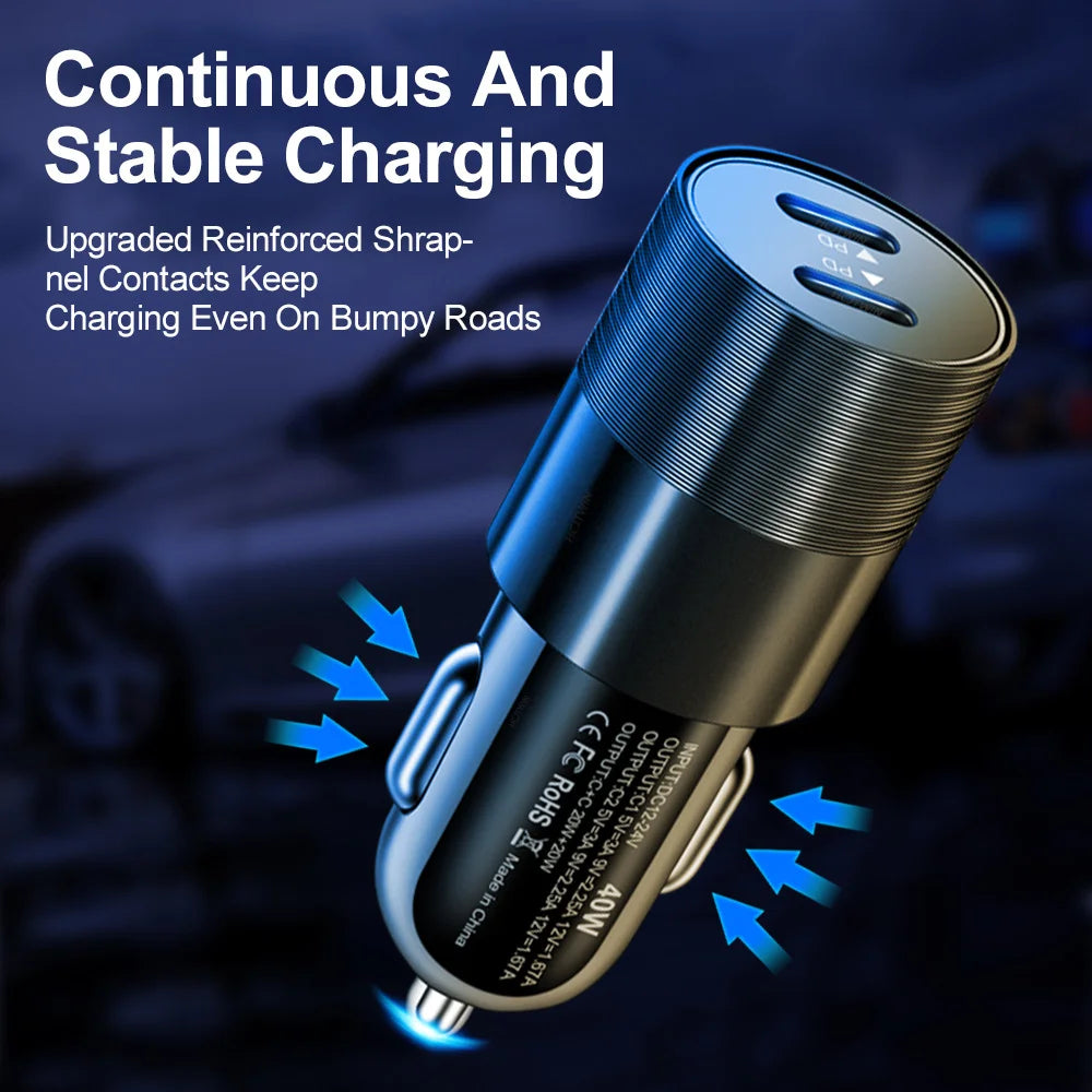 68W Dual USB Type C Car Charger Metal Auto PD Charger Adapte